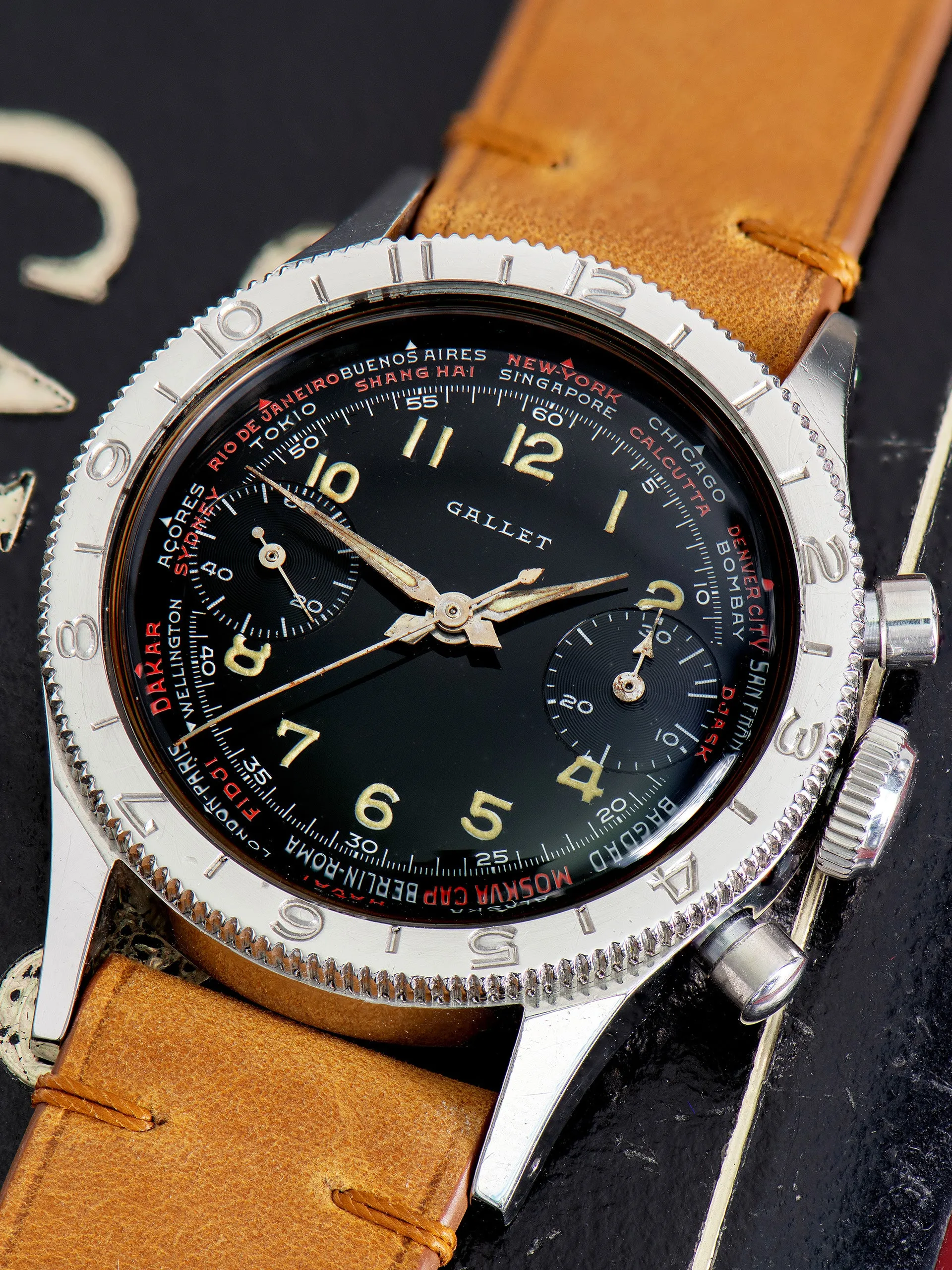 1960s Gallet Flying Officer World Time Clamshell Chronograph W/ Box & Guarantee