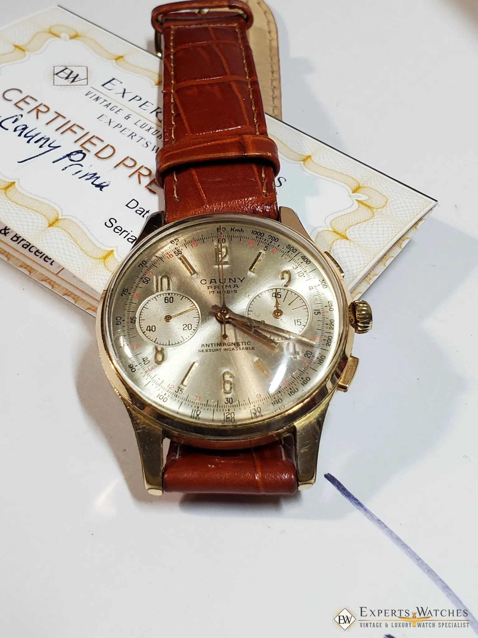 1960's Serviced Vintage Cauny Prima Chronograph Watch Gold Plated Landeron 248