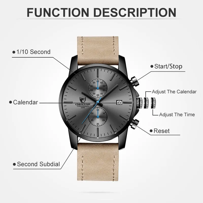 2019 Men Watch CHEETAH Brand Fashion Sports Quartz Watches Mens Leather Waterproof Chronograph Clock Business Relogio Masculino