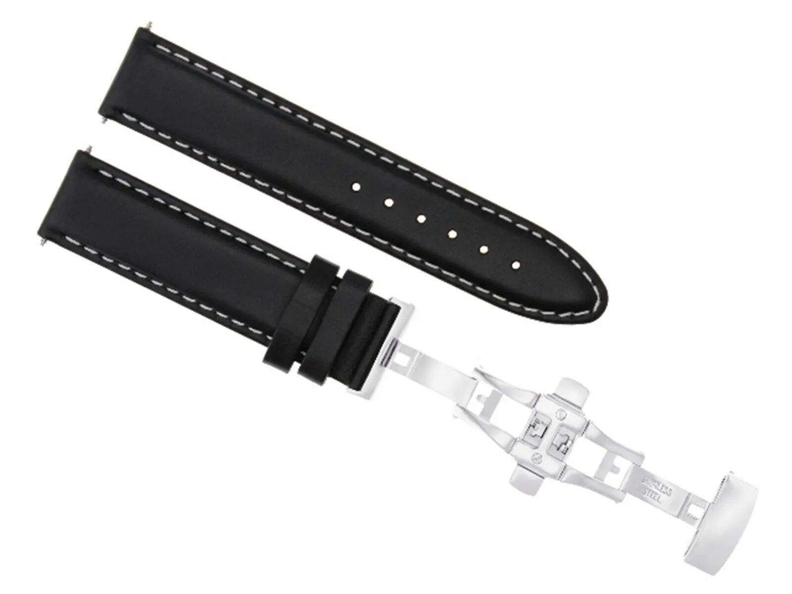 20MM LEATHER BAND SMOOTH STRAP DEPLOYMENT CLASP FOR ZENO MAGELLANO BLACK WS
