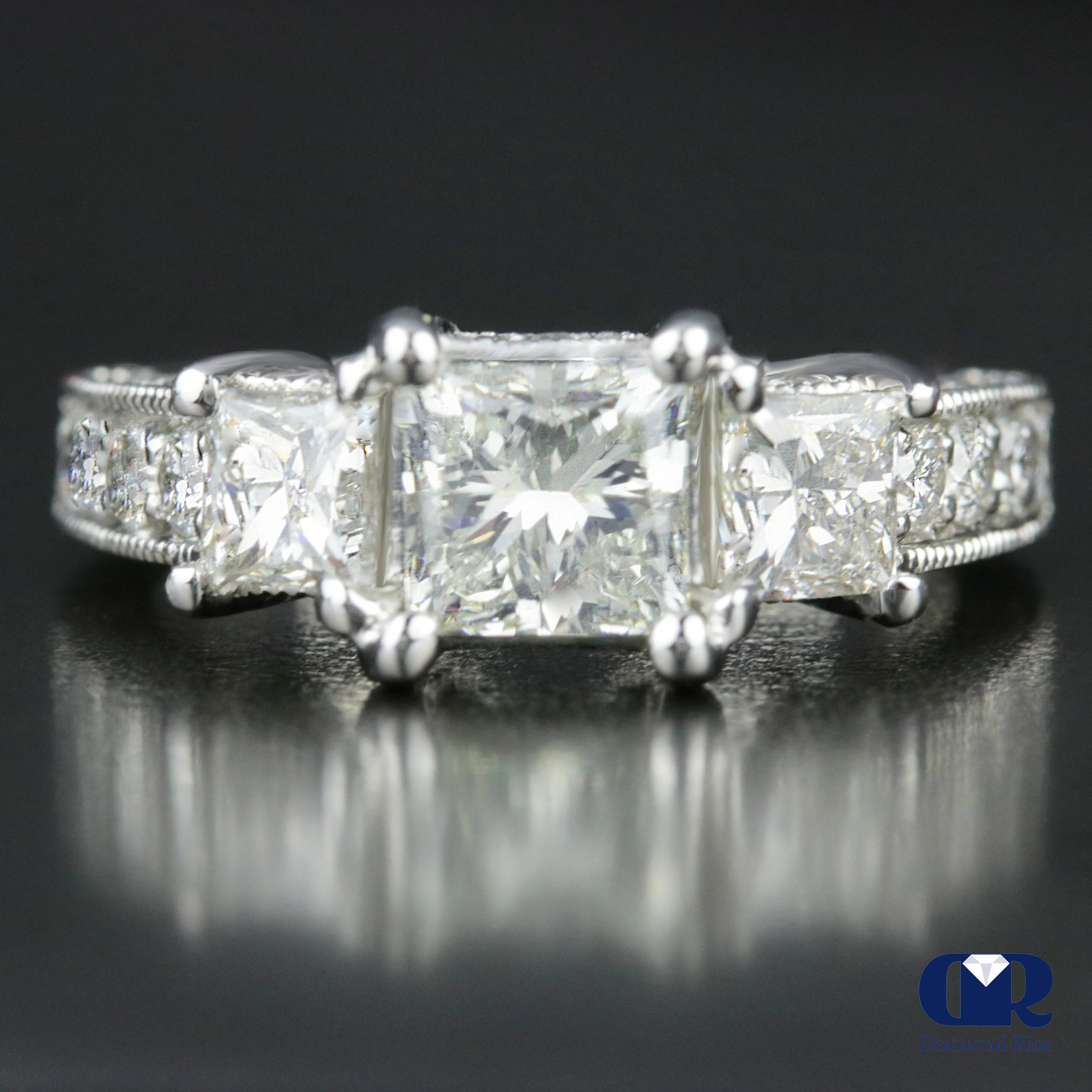 2.56 Carat Princess Cut Diamond Three Stone Engagement Ring In Platinum