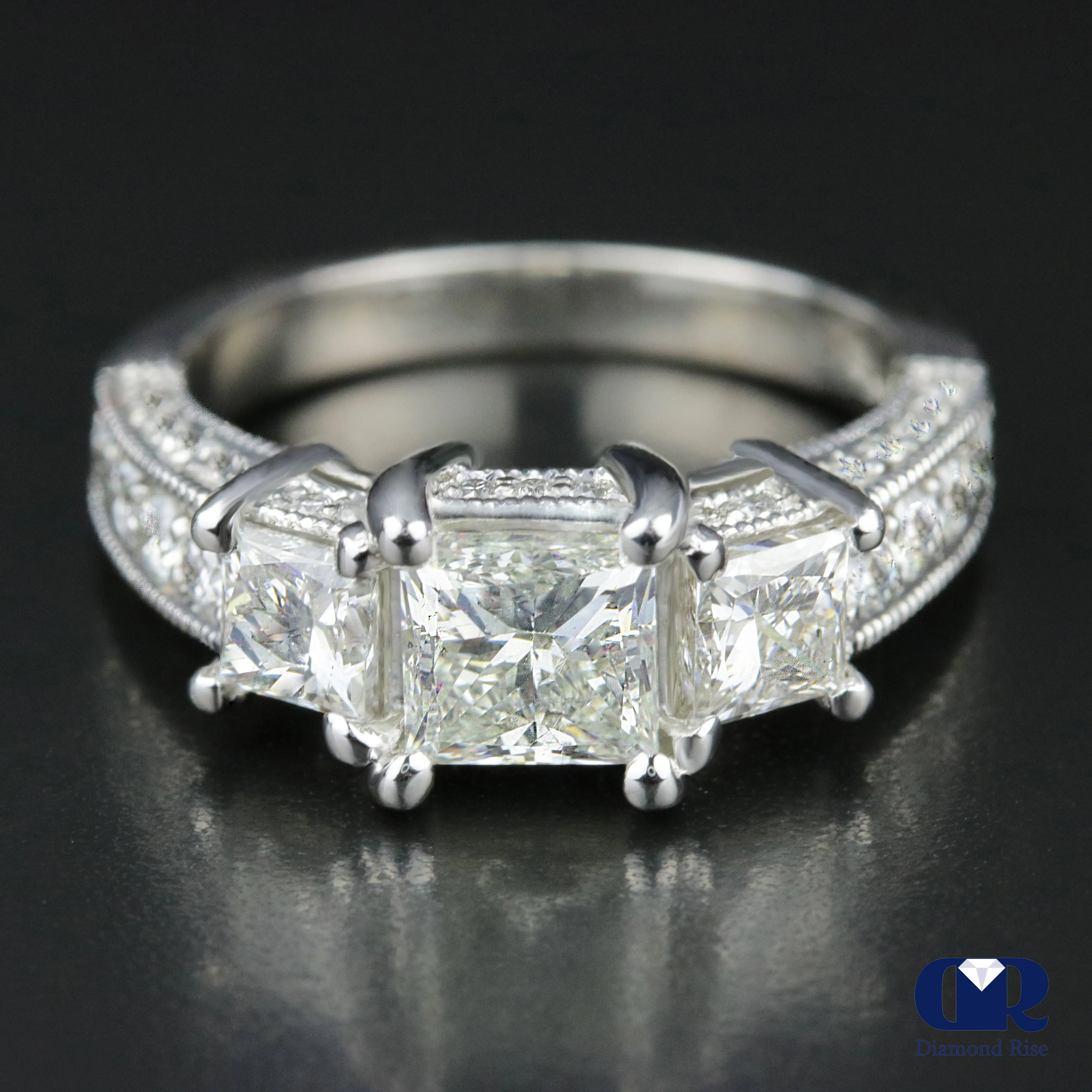 2.56 Carat Princess Cut Diamond Three Stone Engagement Ring In Platinum