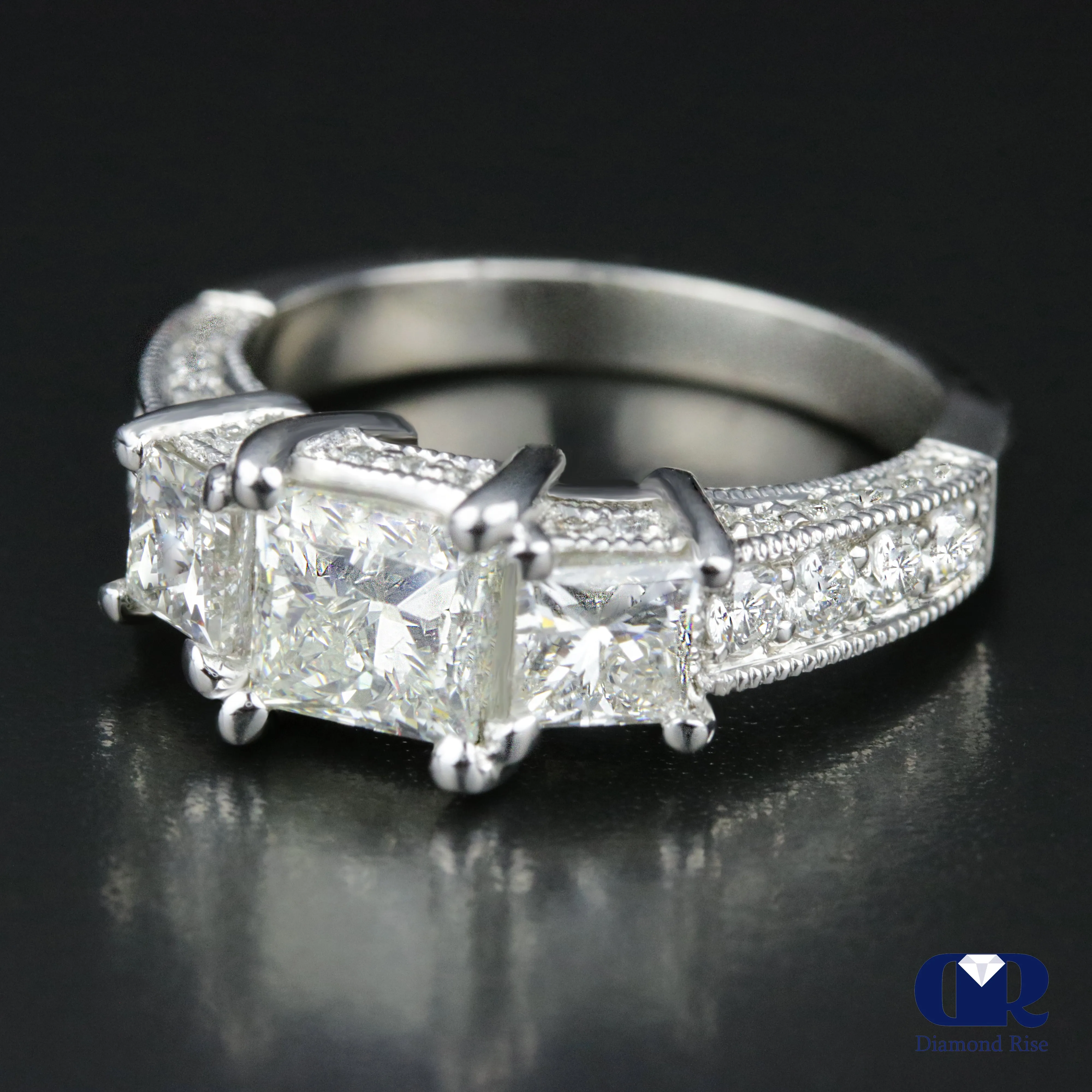 2.56 Carat Princess Cut Diamond Three Stone Engagement Ring In Platinum