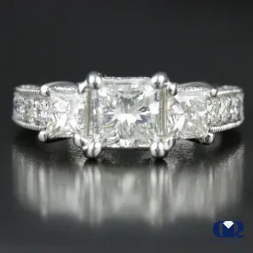 2.56 Carat Princess Cut Diamond Three Stone Engagement Ring In Platinum