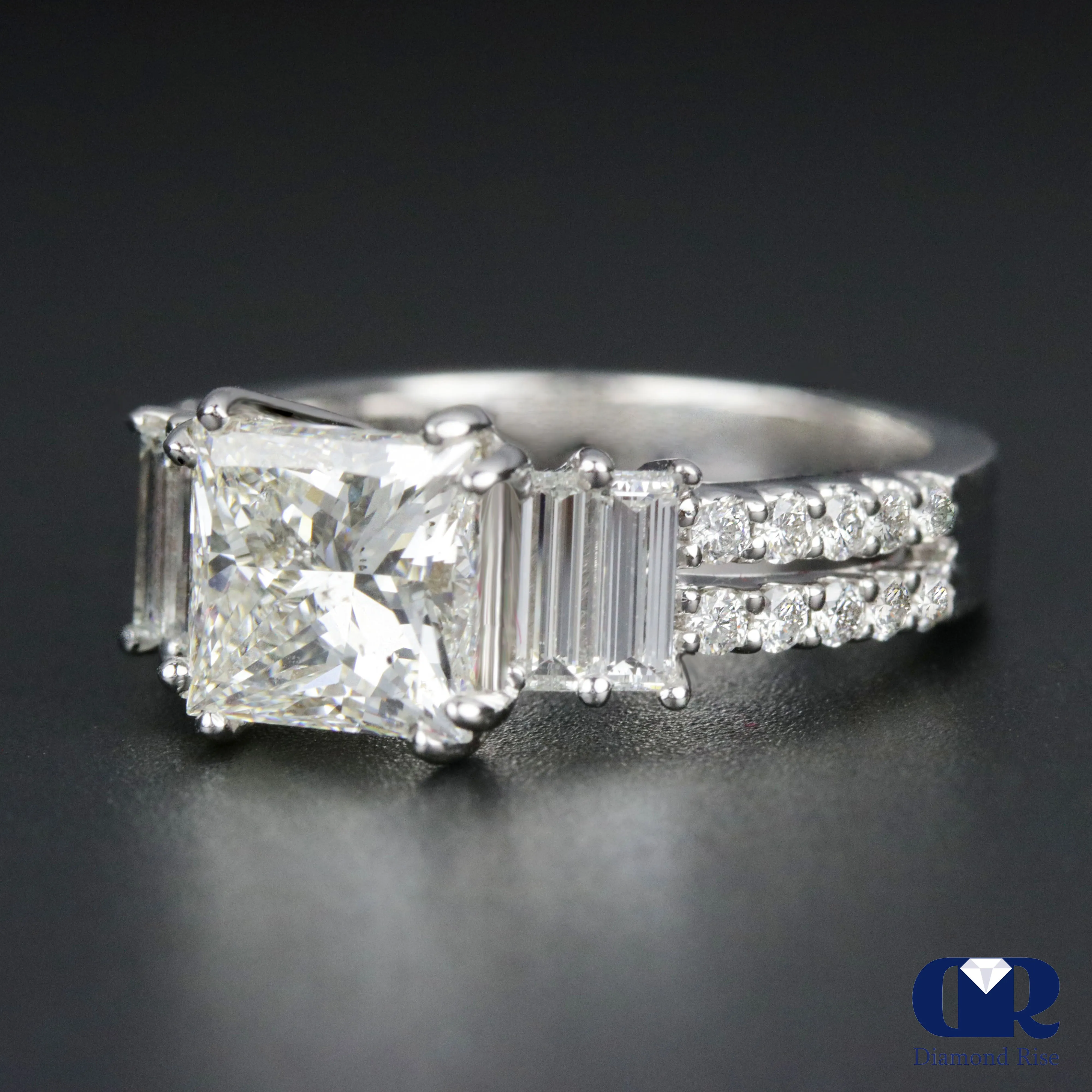 3.50 Carat Princess Cut Diamond Split Shank Engagement Ring In 18K White Gold