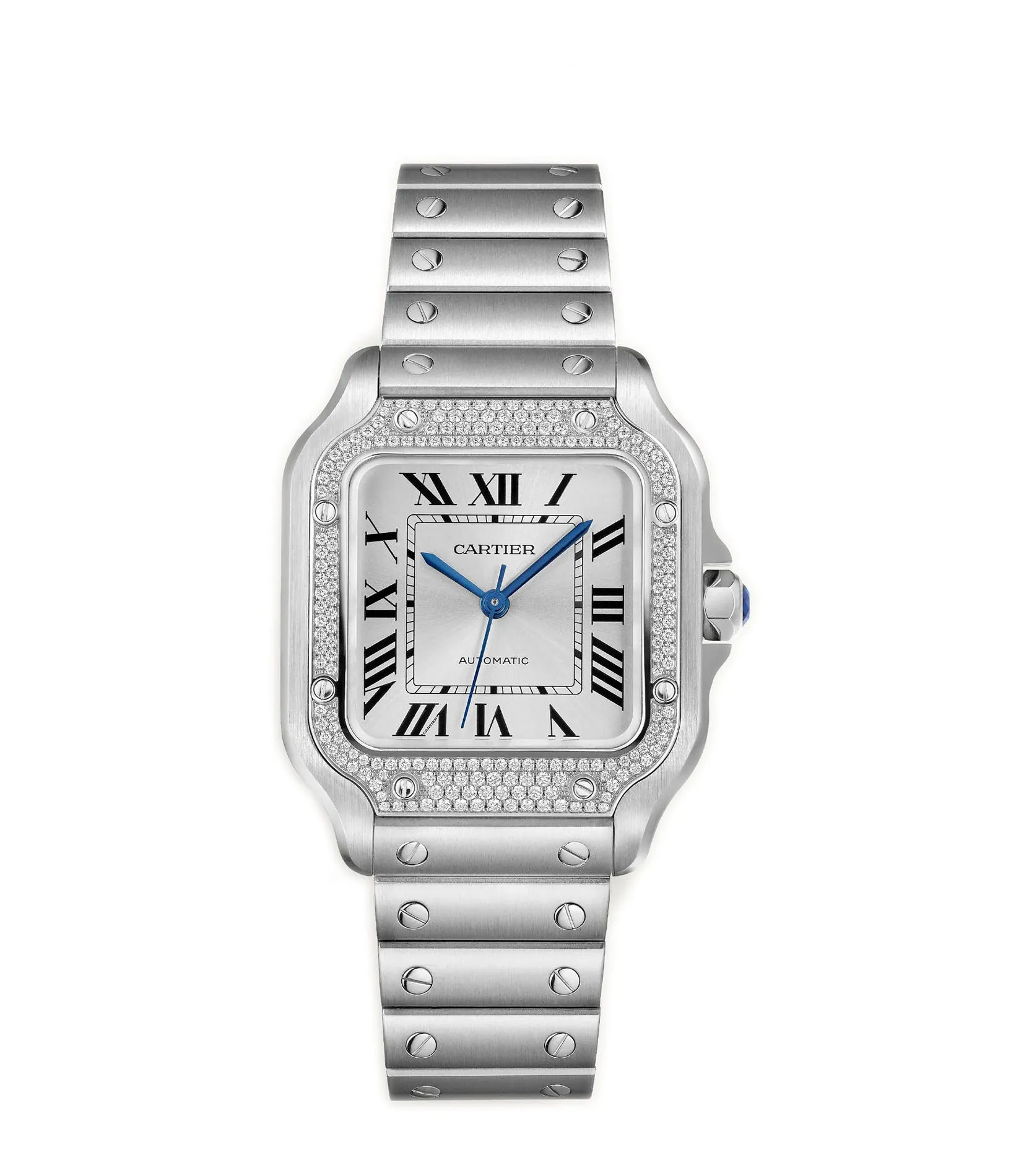 35mm Medium Diamond Bezel Silver Roman Dial Stainless Steel Bracelet