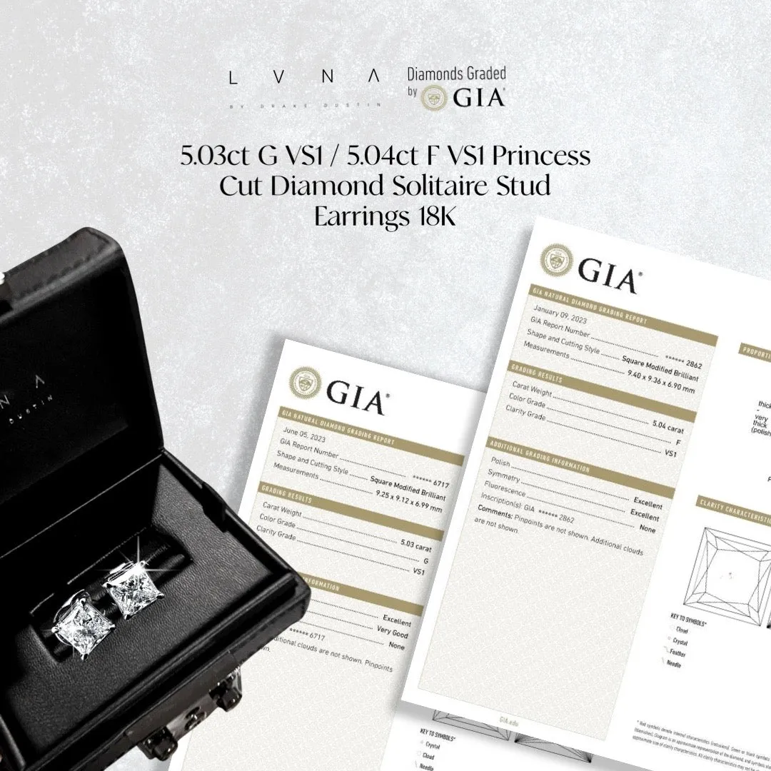 5.03ct G VS1 / 5.04ct F VS1 Princess Cut Diamond Solitaire Stud Earrings 18kt GIA Certified