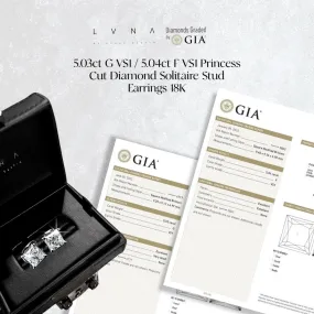 5.03ct G VS1 / 5.04ct F VS1 Princess Cut Diamond Solitaire Stud Earrings 18kt GIA Certified
