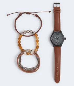 Aeropostale Faux Leather Chrono Analog Watch & Bracelet Set
