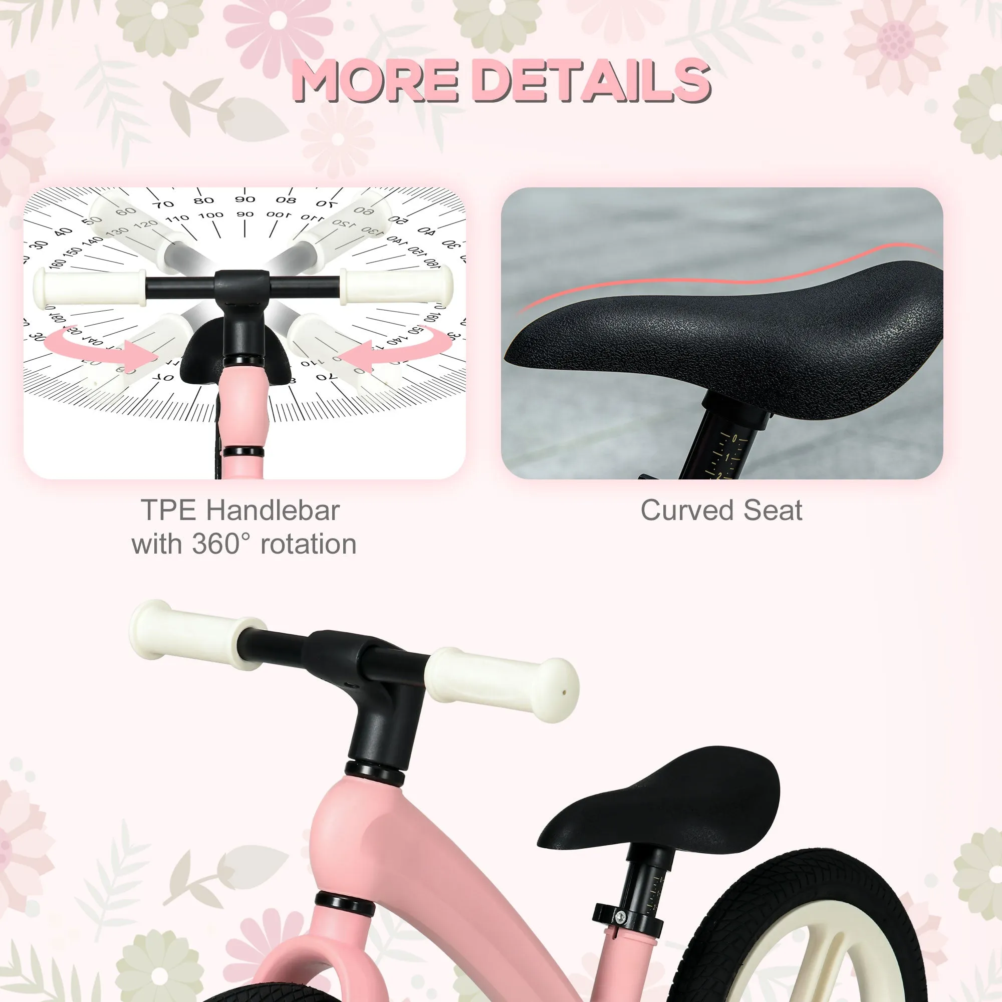 AIYAPLAY 12" Kids Balance Bike w/ Adjustable Seat, Rubber Wheels - Pink