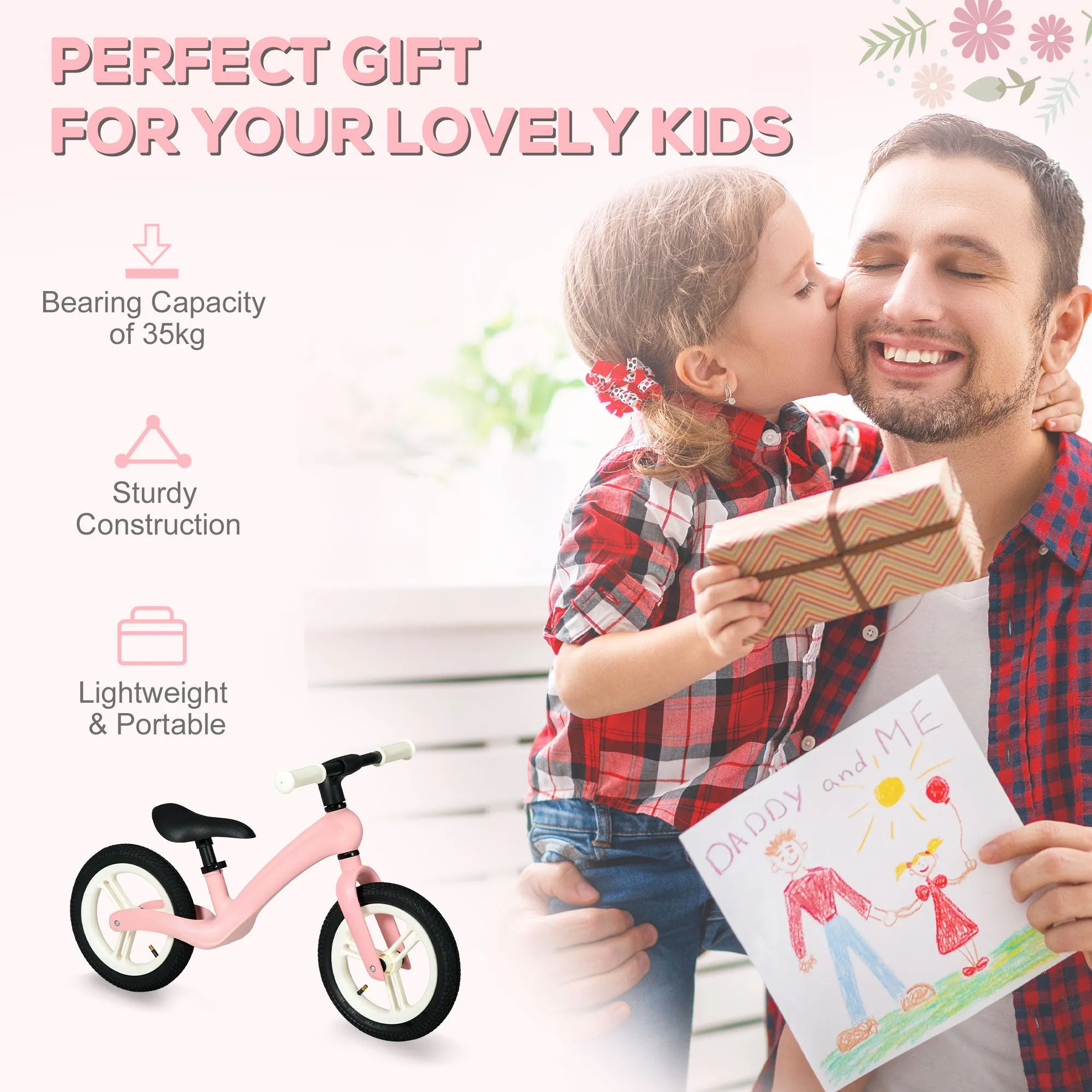 AIYAPLAY 12" Kids Balance Bike w/ Adjustable Seat, Rubber Wheels - Pink