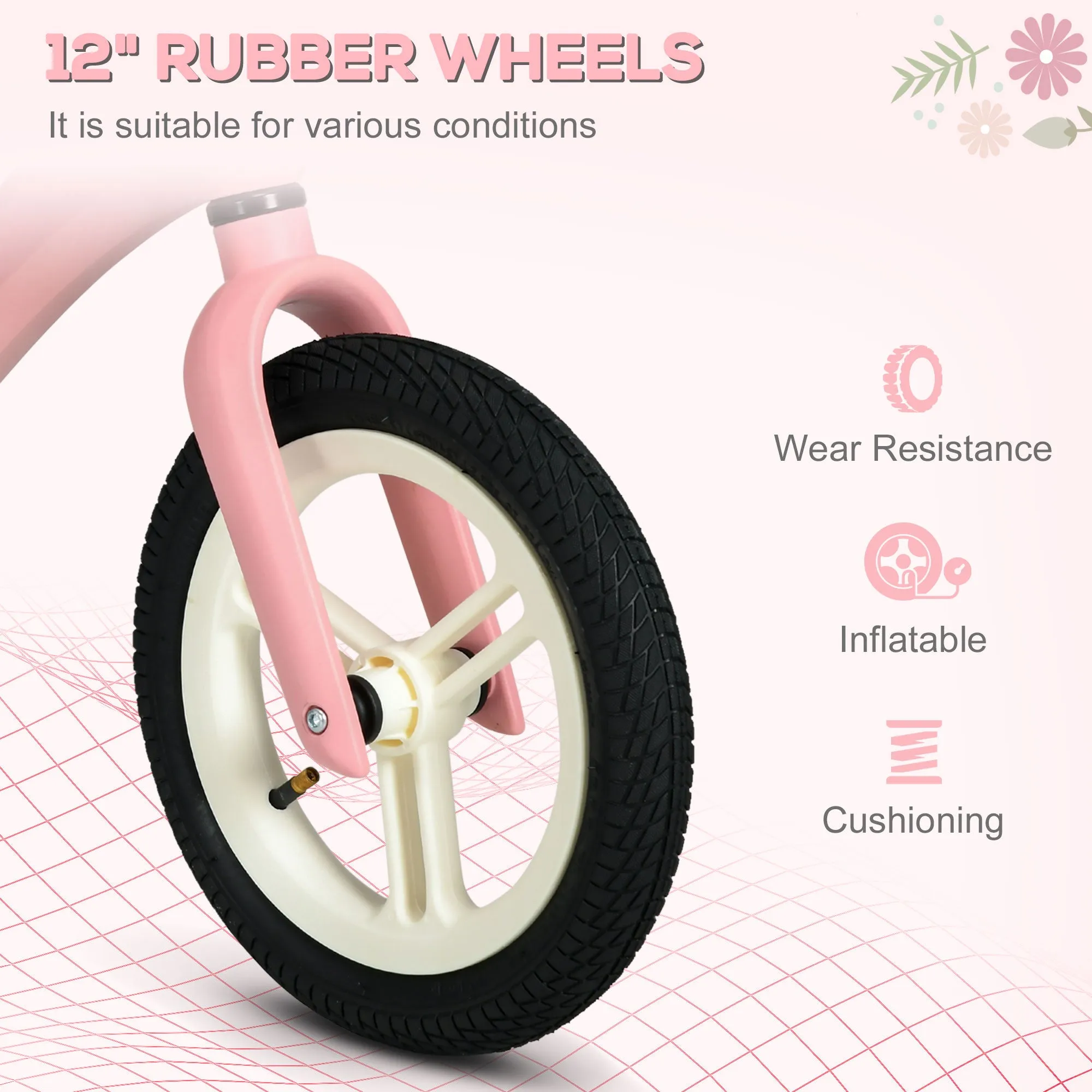 AIYAPLAY 12" Kids Balance Bike w/ Adjustable Seat, Rubber Wheels - Pink