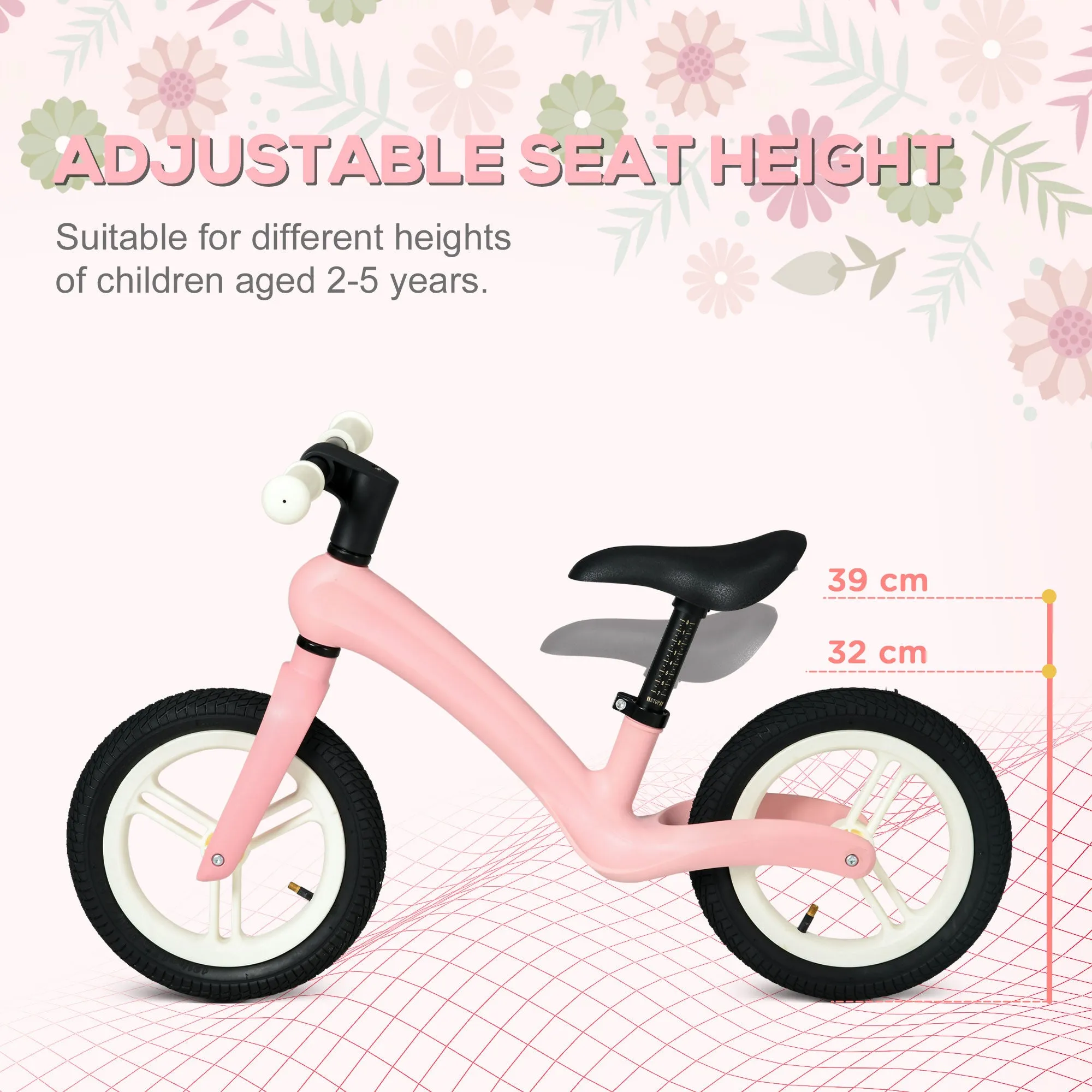 AIYAPLAY 12" Kids Balance Bike w/ Adjustable Seat, Rubber Wheels - Pink