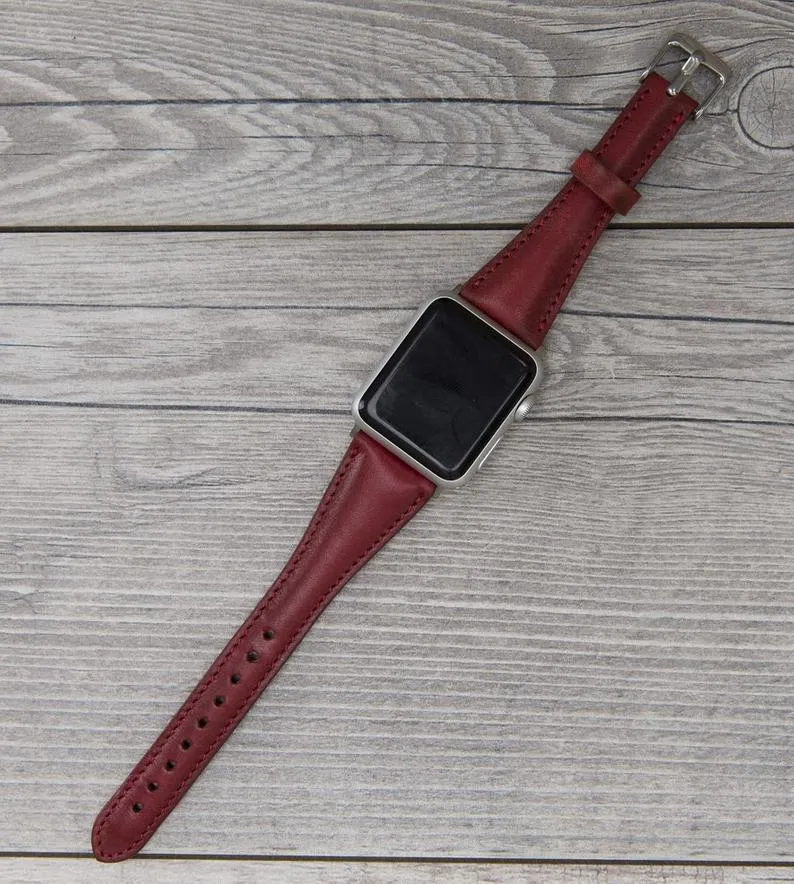 Burnished Red Leather Slim Apple Watch Band