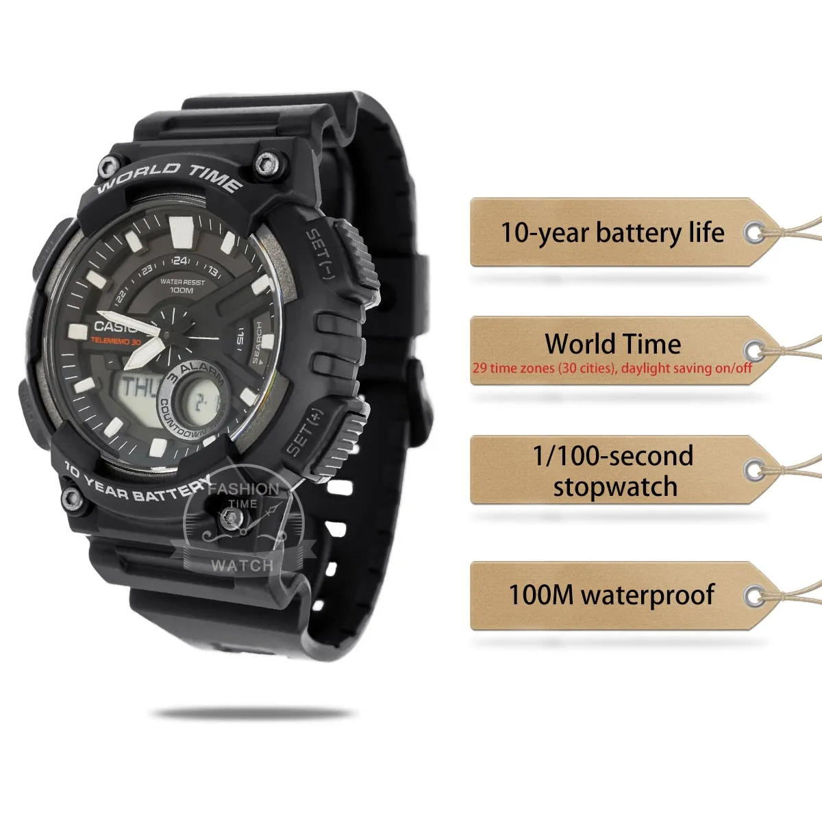 Casio AEQ-110 Series Men's Sports Watch: 100M Waterproof Timepiece with 10-Year Battery Life and World Time