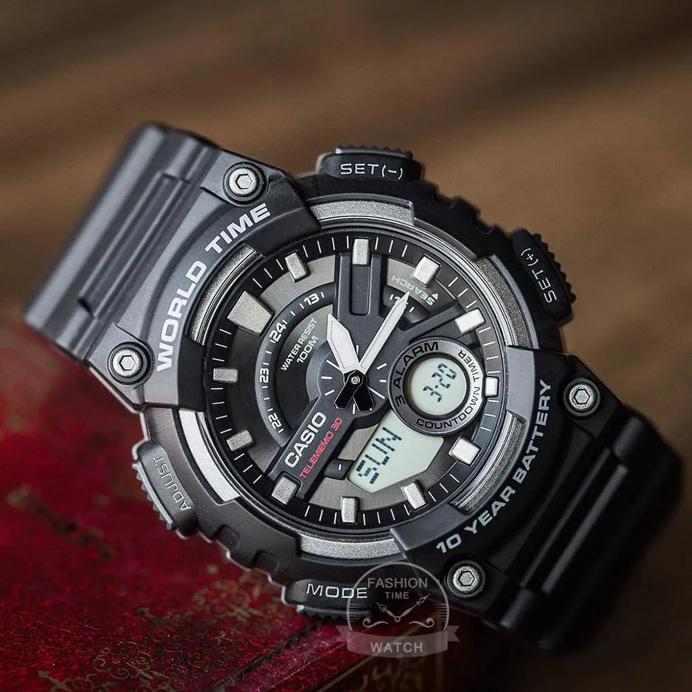 Casio AEQ-110 Series Men's Sports Watch: 100M Waterproof Timepiece with 10-Year Battery Life and World Time