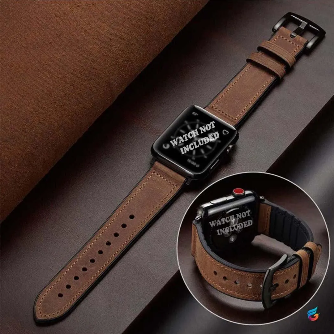 Coffee Brown leather combine soft silicon and rubber watch band