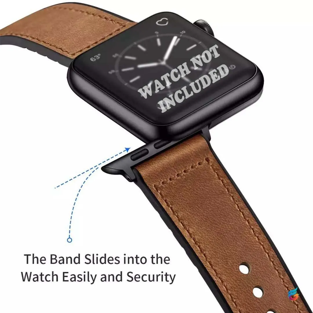 Coffee Brown leather combine soft silicon and rubber watch band