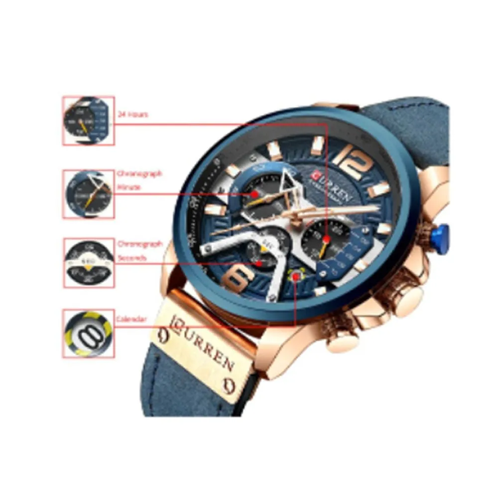Curren- Leather Straps Chronograph Wristwatch For Men- 8329- Blue