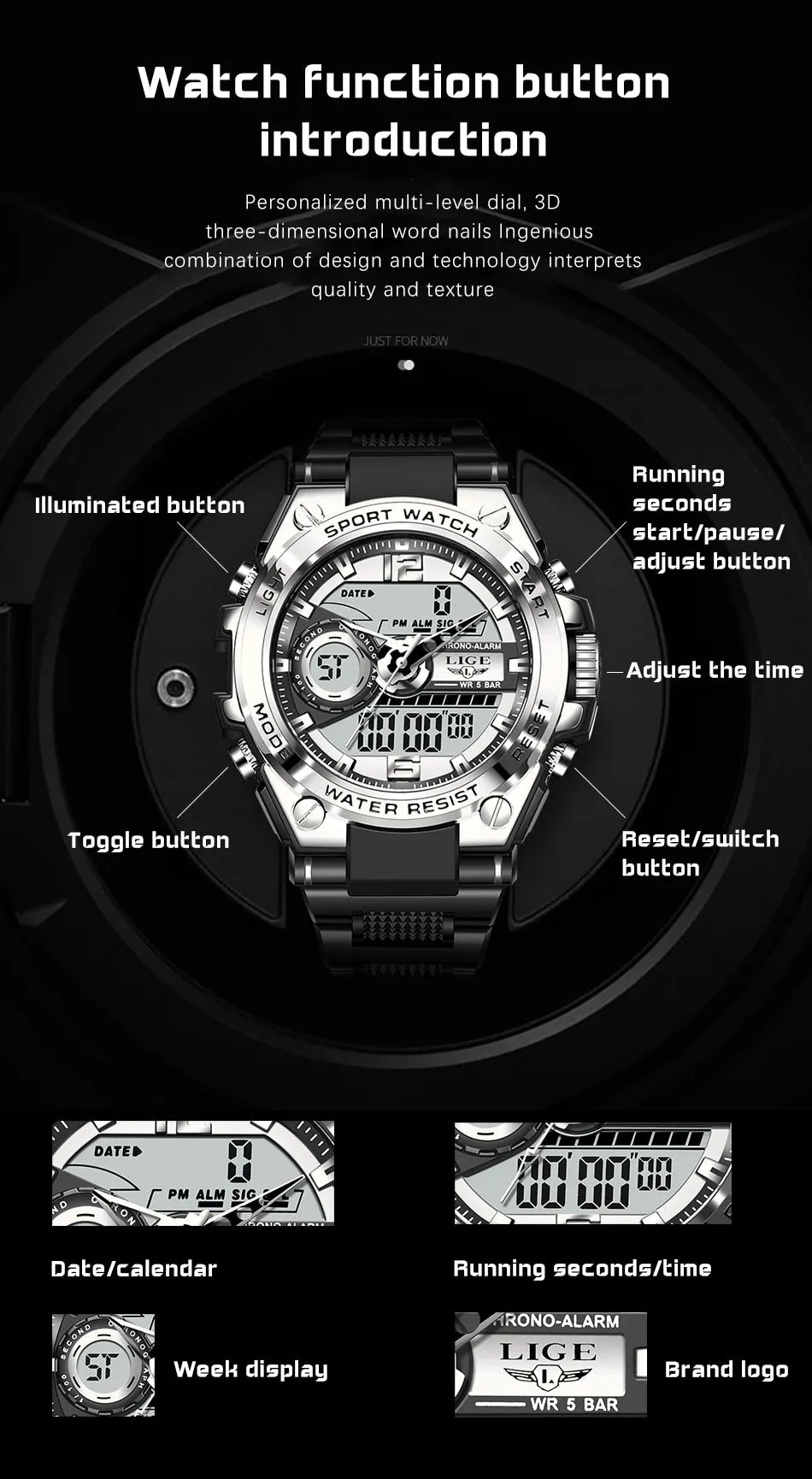 Digital Men Military Watch 50m Waterproof Wristwatch LED Quartz Clock Sport Watch Male Big Watches