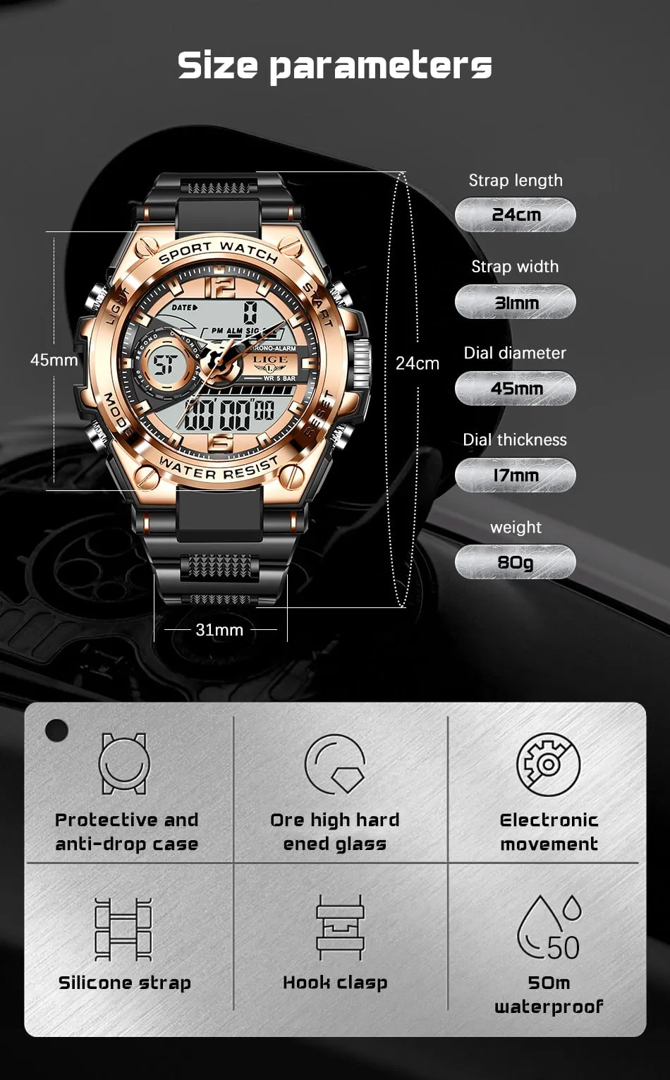 Digital Men Military Watch 50m Waterproof Wristwatch LED Quartz Clock Sport Watch Male Big Watches
