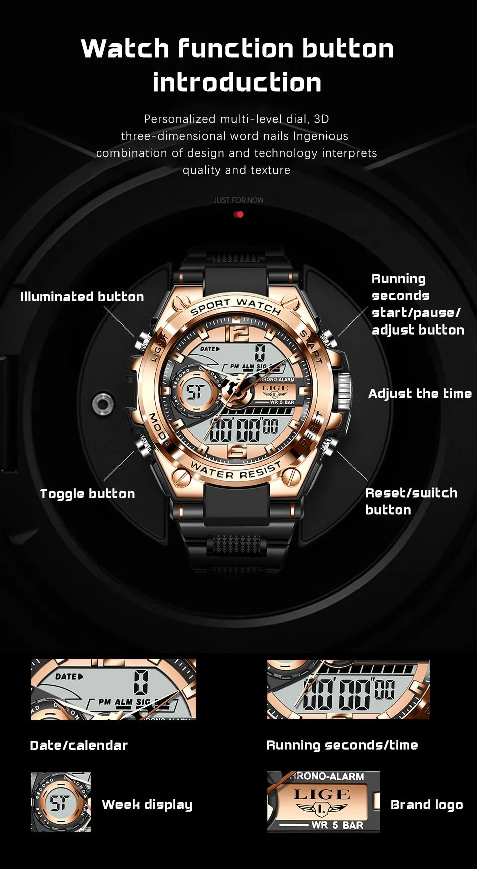 Digital Men Military Watch 50m Waterproof Wristwatch LED Quartz Clock Sport Watch Male Big Watches