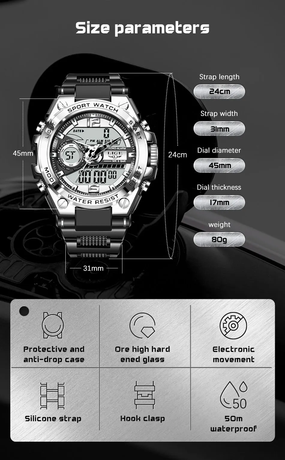 Digital Men Military Watch 50m Waterproof Wristwatch LED Quartz Clock Sport Watch Male Big Watches