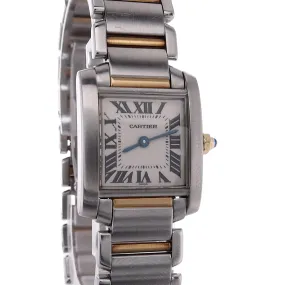 Estate Cartier Stainless Steel and 18 Karat Yellow Gold Ladies Tank Francaise White Roman Dial 2300 With Box