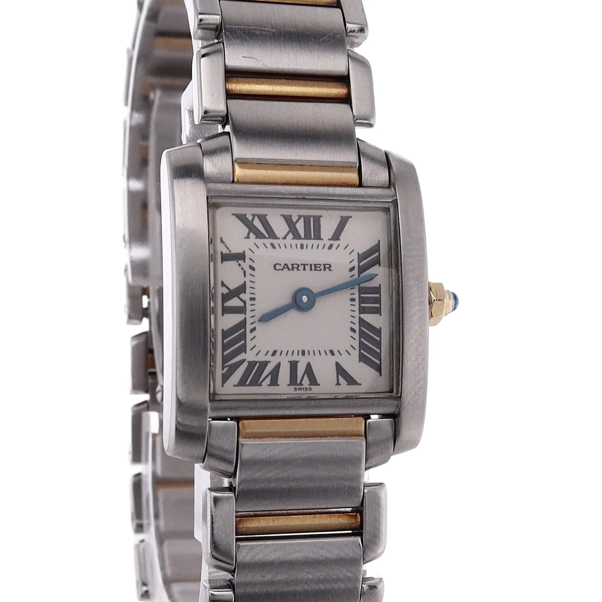 Estate Cartier Stainless Steel and 18 Karat Yellow Gold Ladies Tank Francaise White Roman Dial 2300 With Box