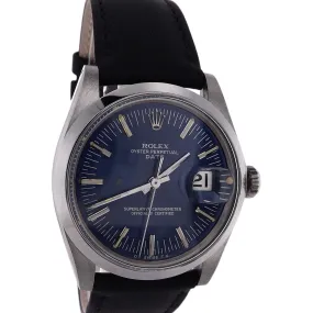 Estate Rolex Stainless Steel Gents Oyster Perpetual Date Blue Bullseye Dial Smooth Bezel Black Leather Strap 1500 C.1973