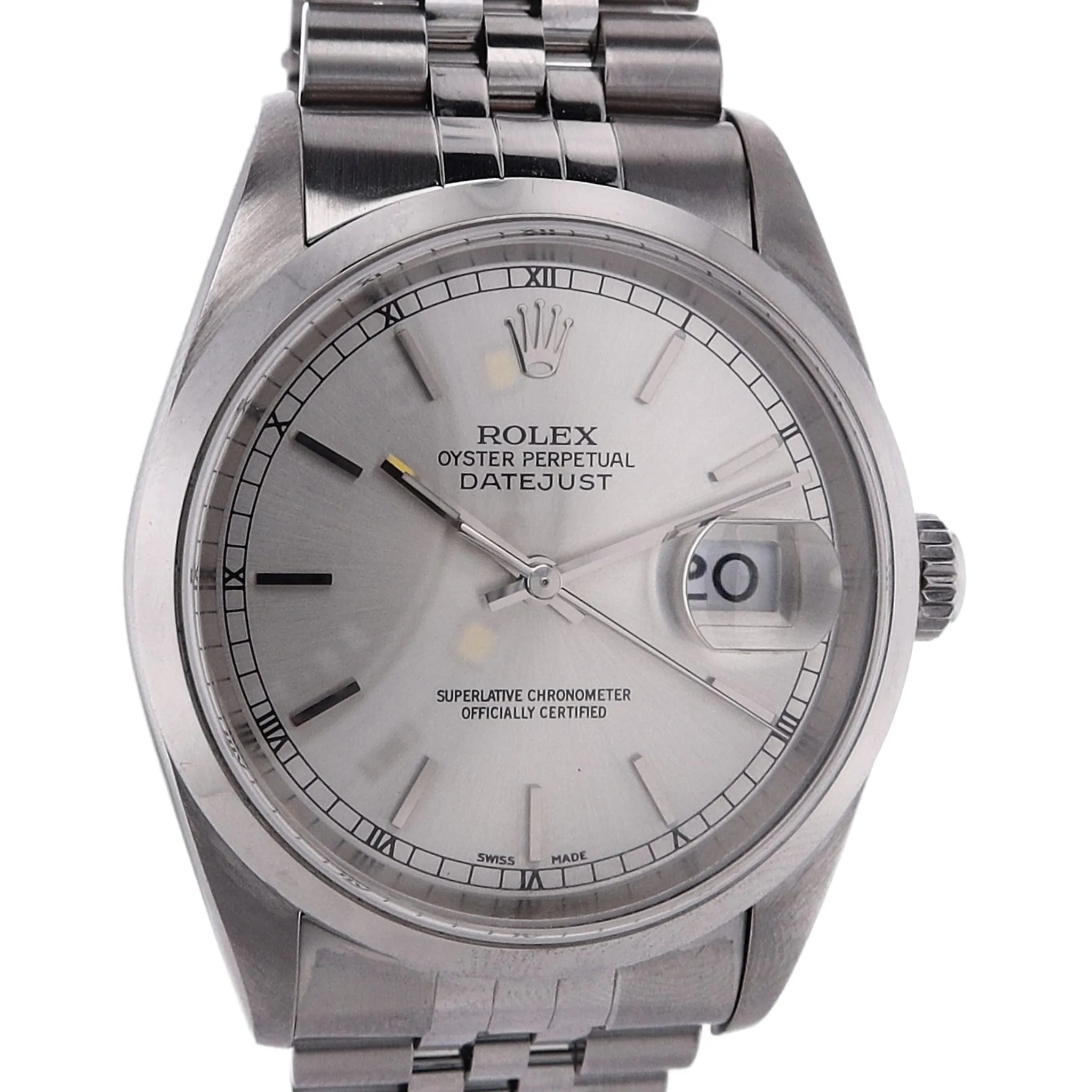 Estate Rolex Stainless Steel Gents Oyster perpetual Datejust Silver Dial Smooth Bezel Jubilee Bracelet 16200 With Box & Papers C.2002