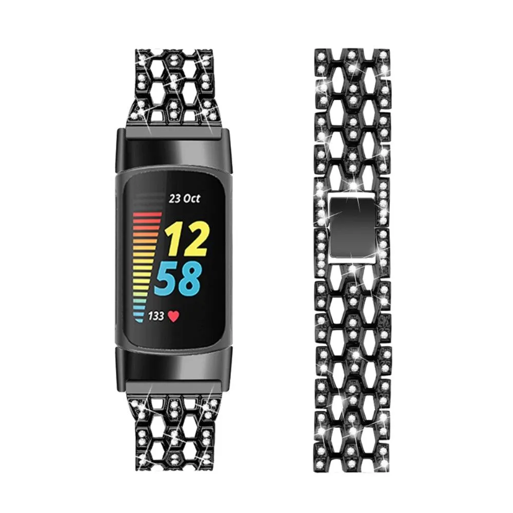 Fitbit Charge 5 triple row rhinestone watch strap - Black / White