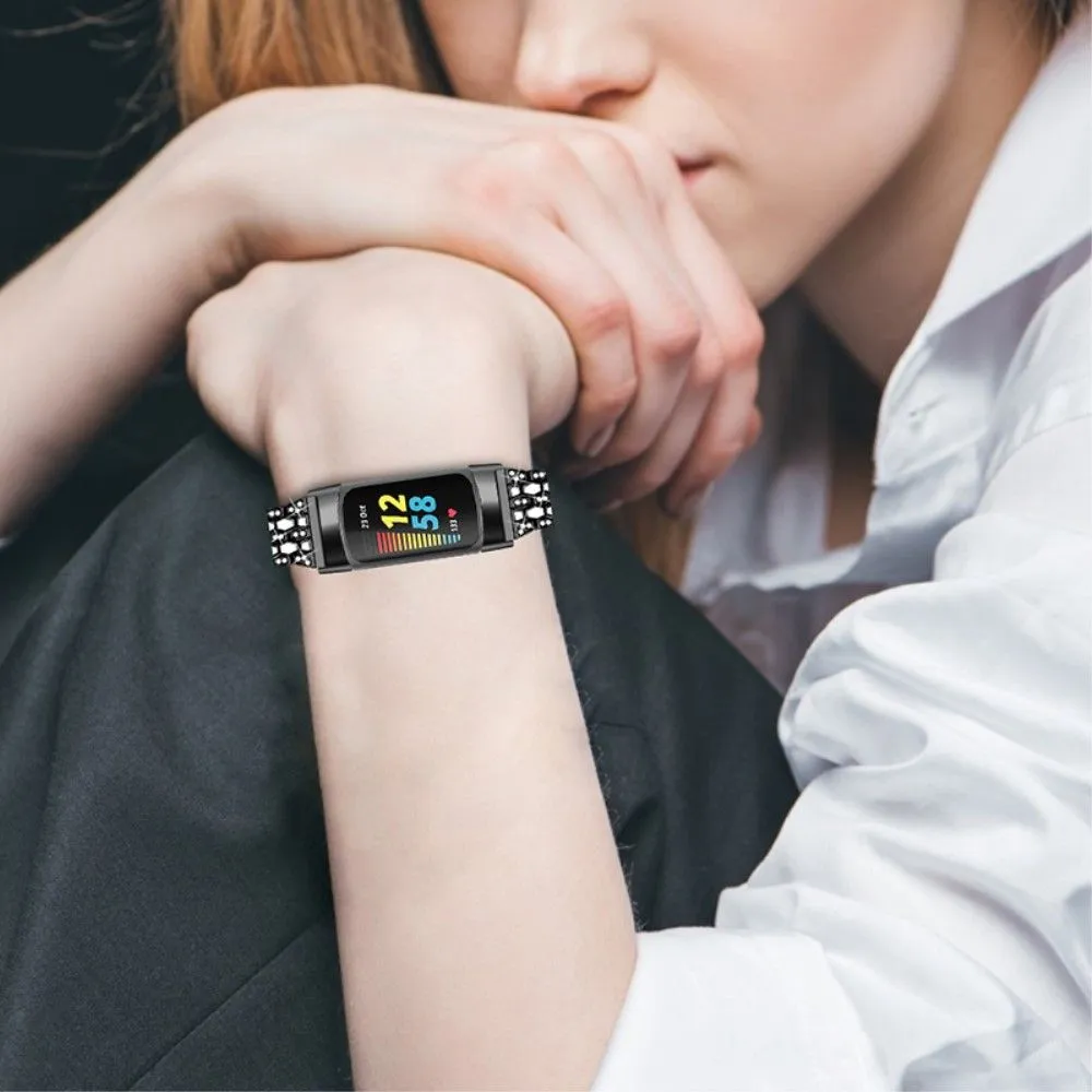 Fitbit Charge 5 triple row rhinestone watch strap - Black / White