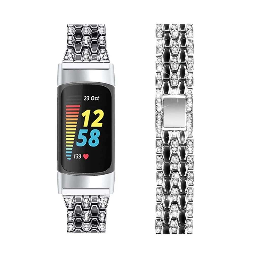 Fitbit Charge 5 triple row rhinestone watch strap - Silver / Black