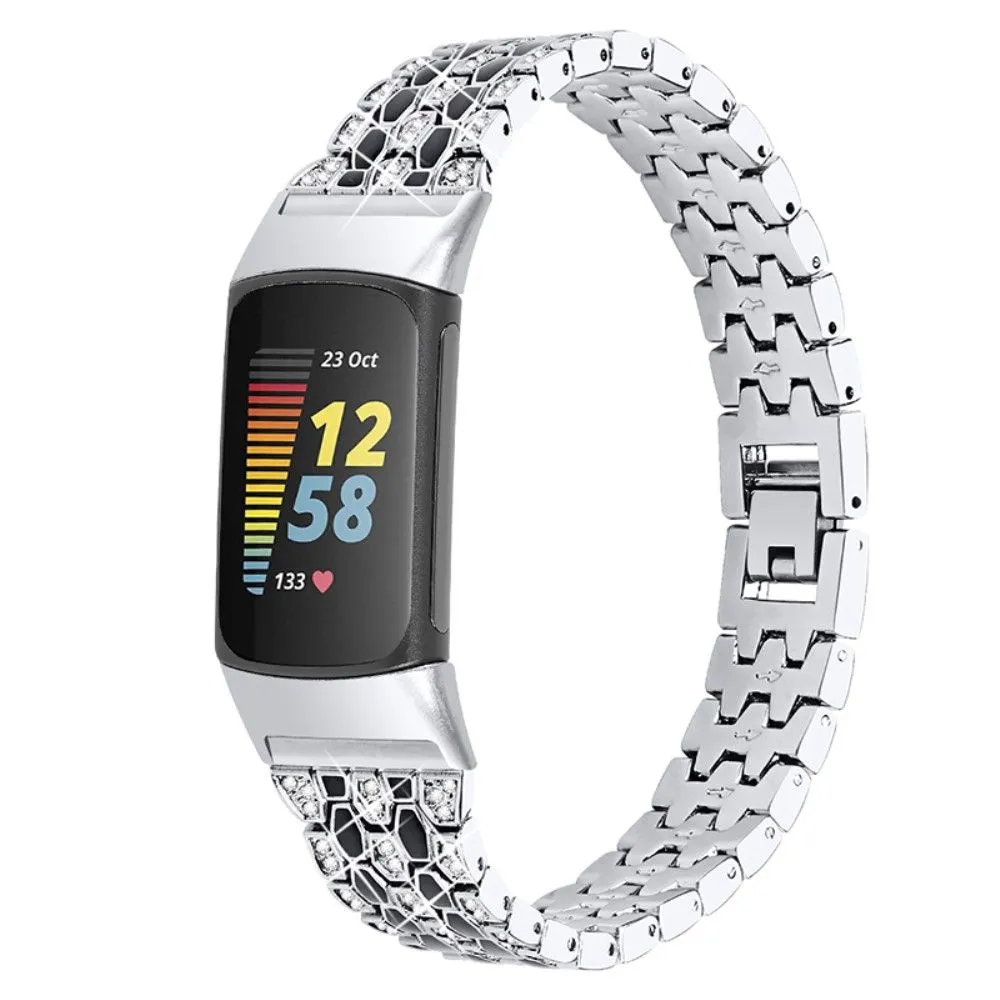 Fitbit Charge 5 triple row rhinestone watch strap - Silver / Black