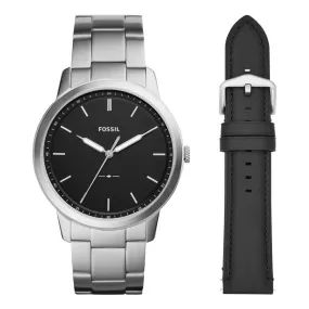 Fossil Mens Minimalist Watch and Leather strap and  Bracelet Gift Set FS5451