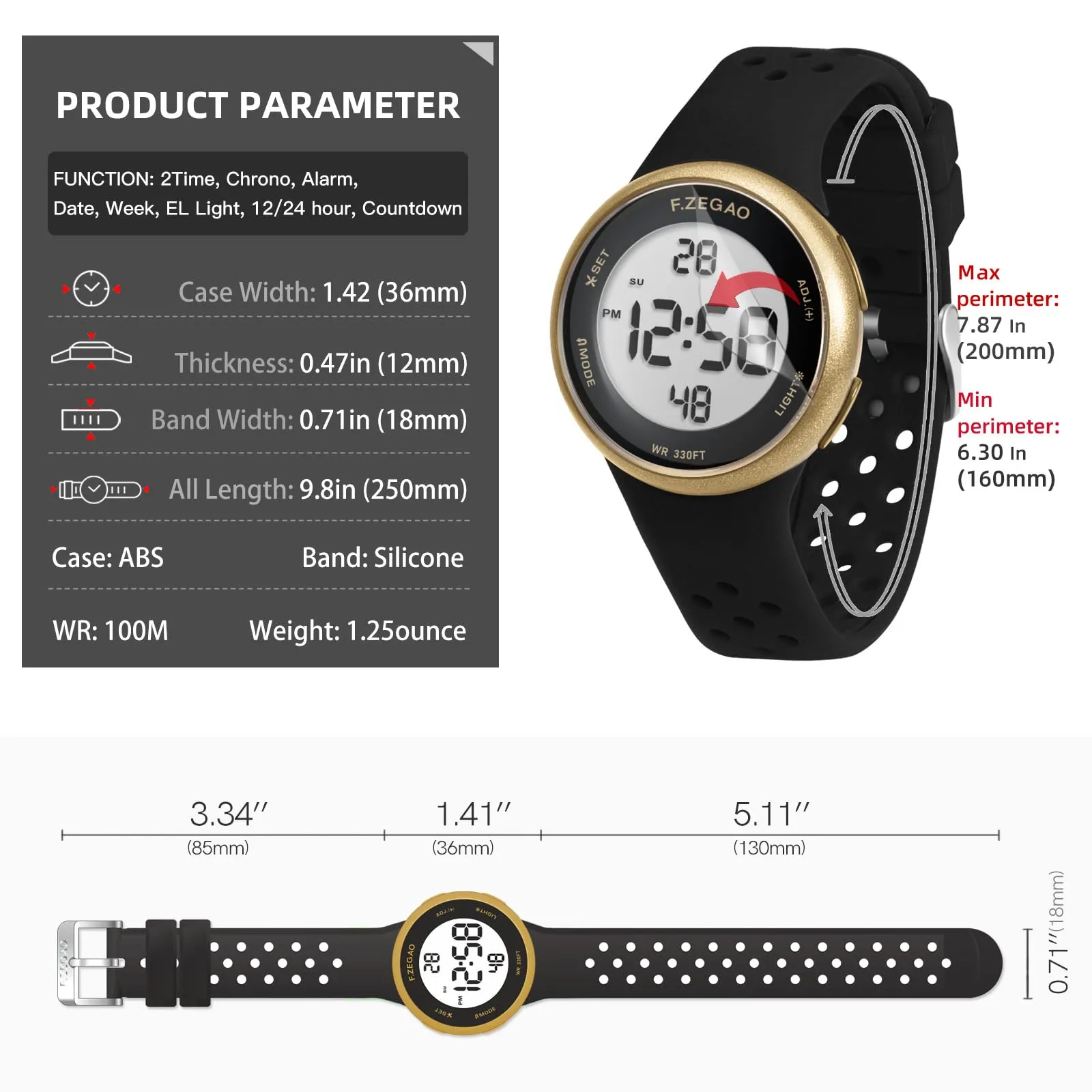 F.ZEGAO Waterproof Digital Watch with Stopwatch
