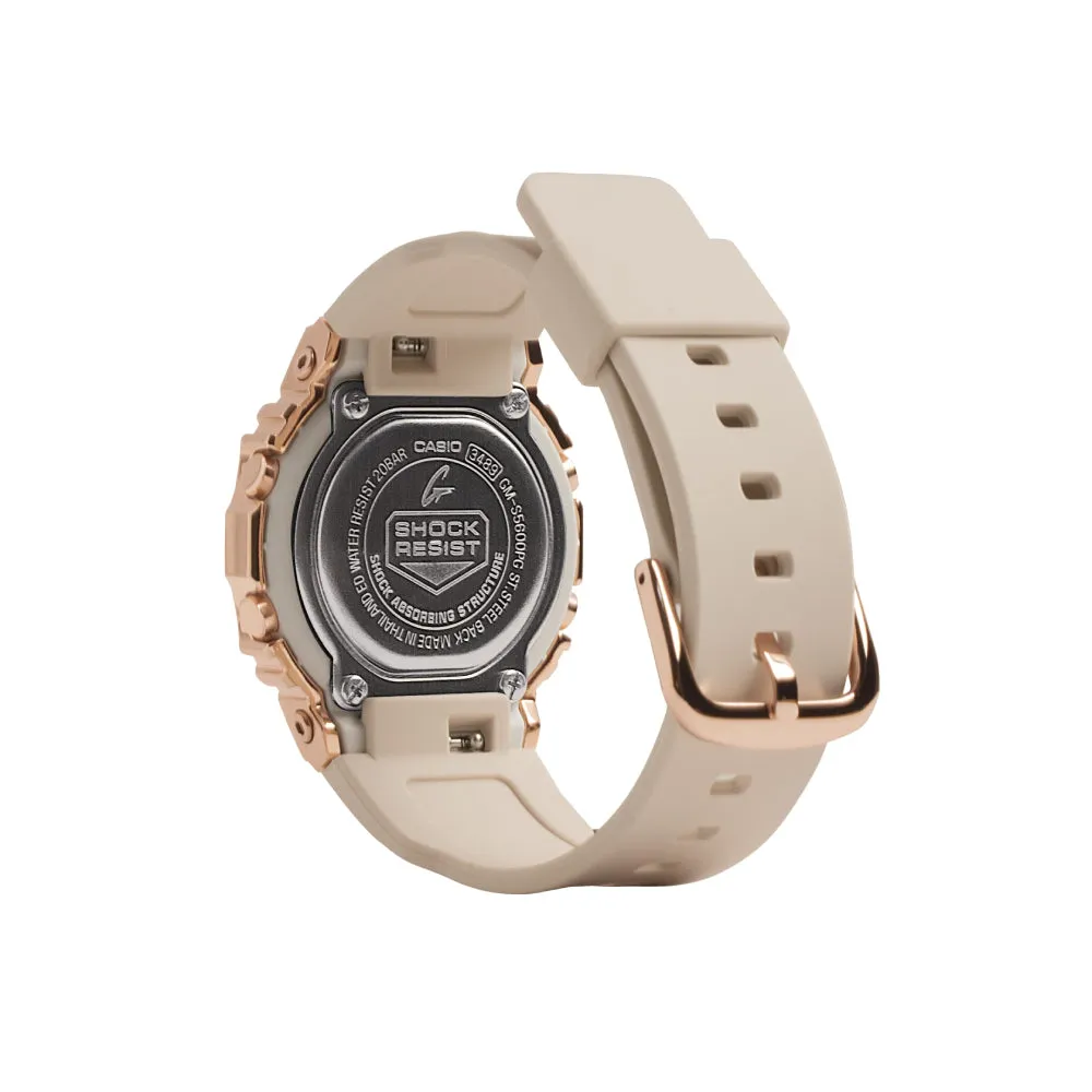 G-Shock Digital Metal Covered Ladies Watch - Pink Case With Beige Dial and Strap