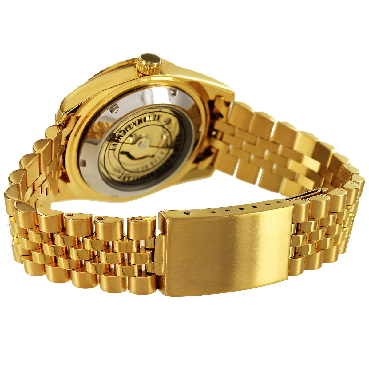 Gold Tone Stainless Steel Roman Icy Dial Date Fluted Bezel Watch