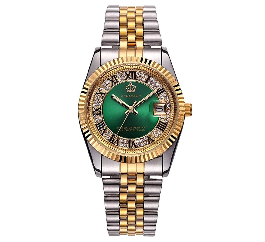 Green Face Dress Watch Gold Silver Color Watch Simulated Diamond Dial Watch 2-Tone Datejust Dress Watch Gift