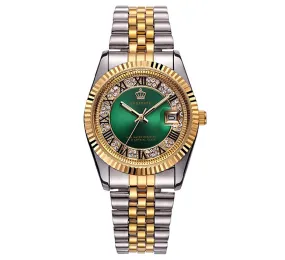 Green Face Dress Watch Gold Silver Color Watch Simulated Diamond Dial Watch 2-Tone Datejust Dress Watch Gift