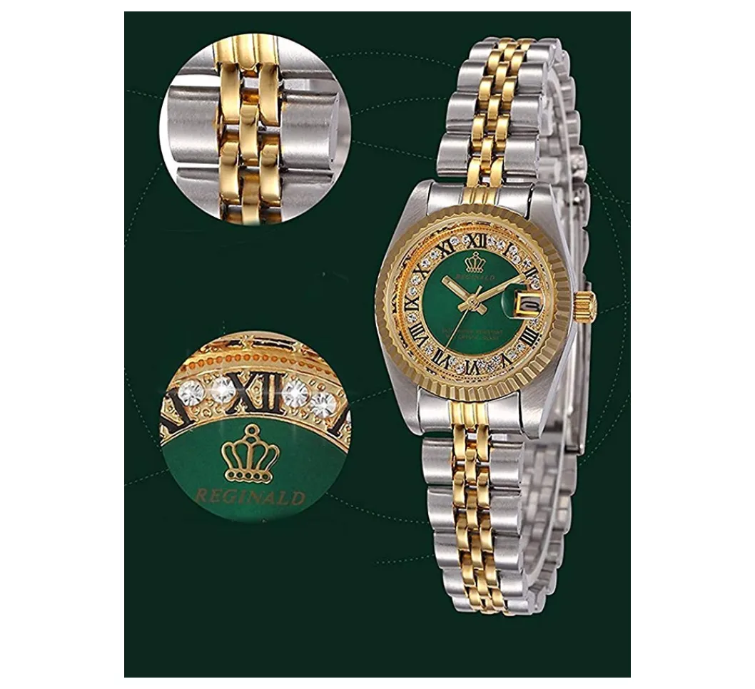 Green Face Dress Watch Gold Silver Color Watch Simulated Diamond Dial Watch 2-Tone Datejust Dress Watch Gift