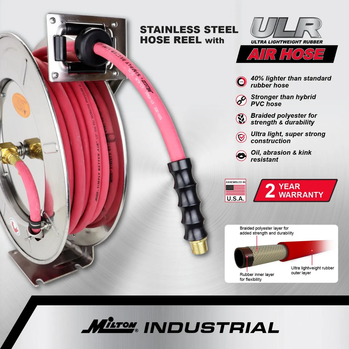 Industrial Stainless Steel Hose Reel Retractable, 1/4" ID x 35' Ultra-Lightweight Rubber Hose w/ 1/4" NPT, 300 PSI