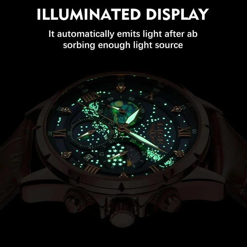 LIGE Leather Strap Chronograph Sport Watch: Stylish Waterproof Wristwatch