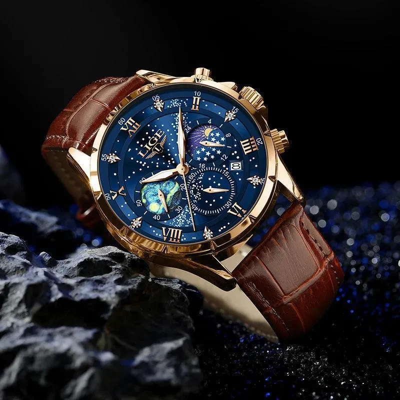 LIGE Leather Strap Chronograph Sport Watch: Stylish Waterproof Wristwatch