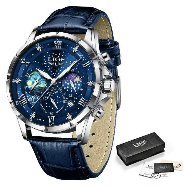 LIGE Leather Strap Chronograph Sport Watch: Stylish Waterproof Wristwatch
