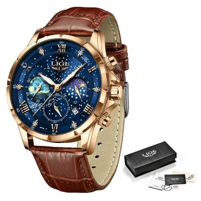 LIGE Leather Strap Chronograph Sport Watch: Stylish Waterproof Wristwatch