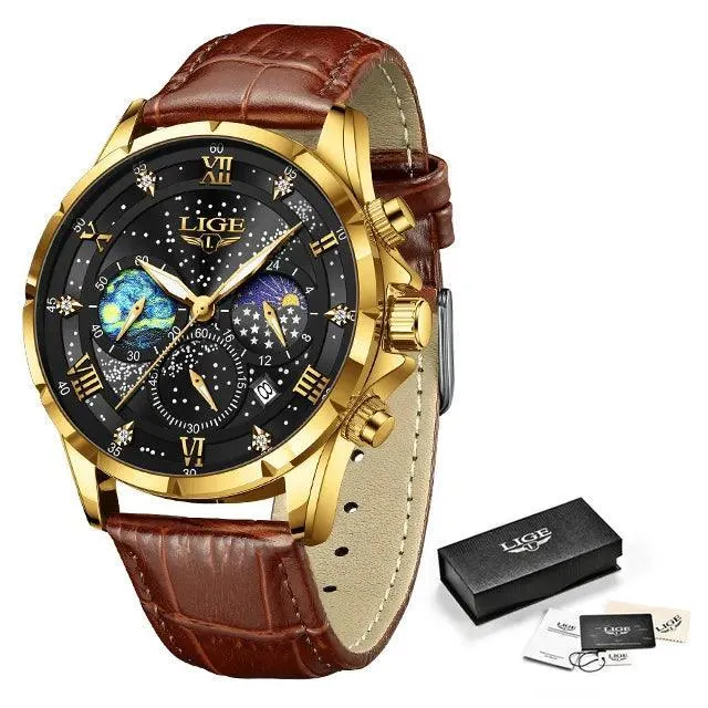 LIGE Leather Strap Chronograph Sport Watch: Stylish Waterproof Wristwatch