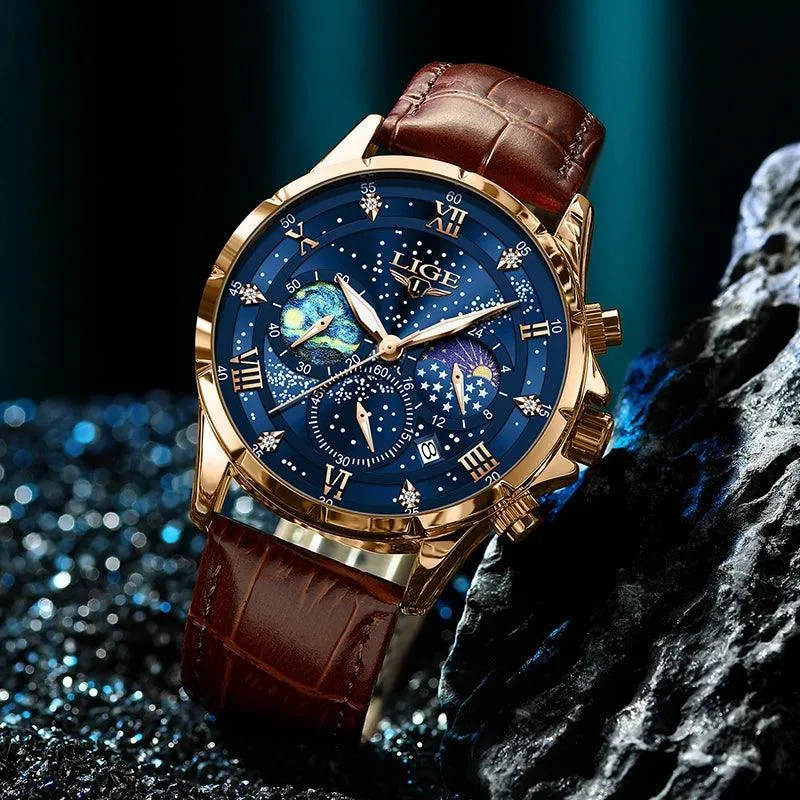 LIGE Leather Strap Chronograph Sport Watch: Stylish Waterproof Wristwatch