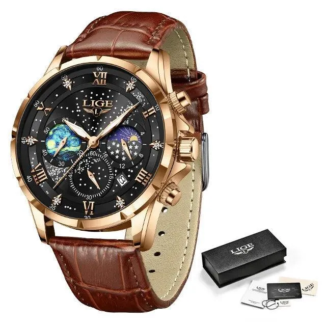 LIGE Leather Strap Chronograph Sport Watch: Stylish Waterproof Wristwatch